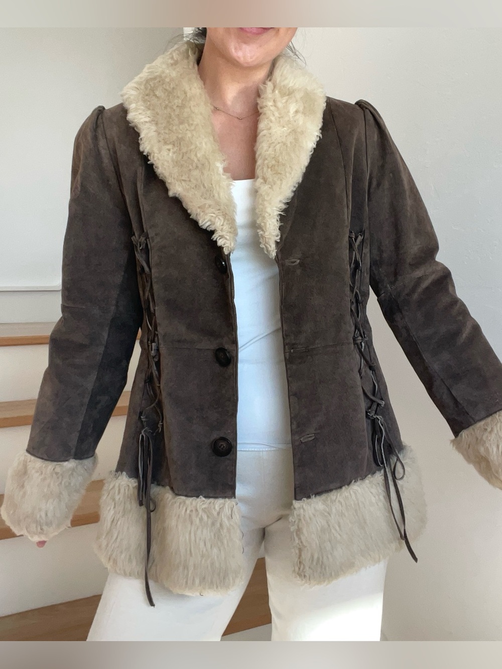 Vintage Collection B Penny Lane Brown Suede Leather Faux Fur Trim Jacket Coat